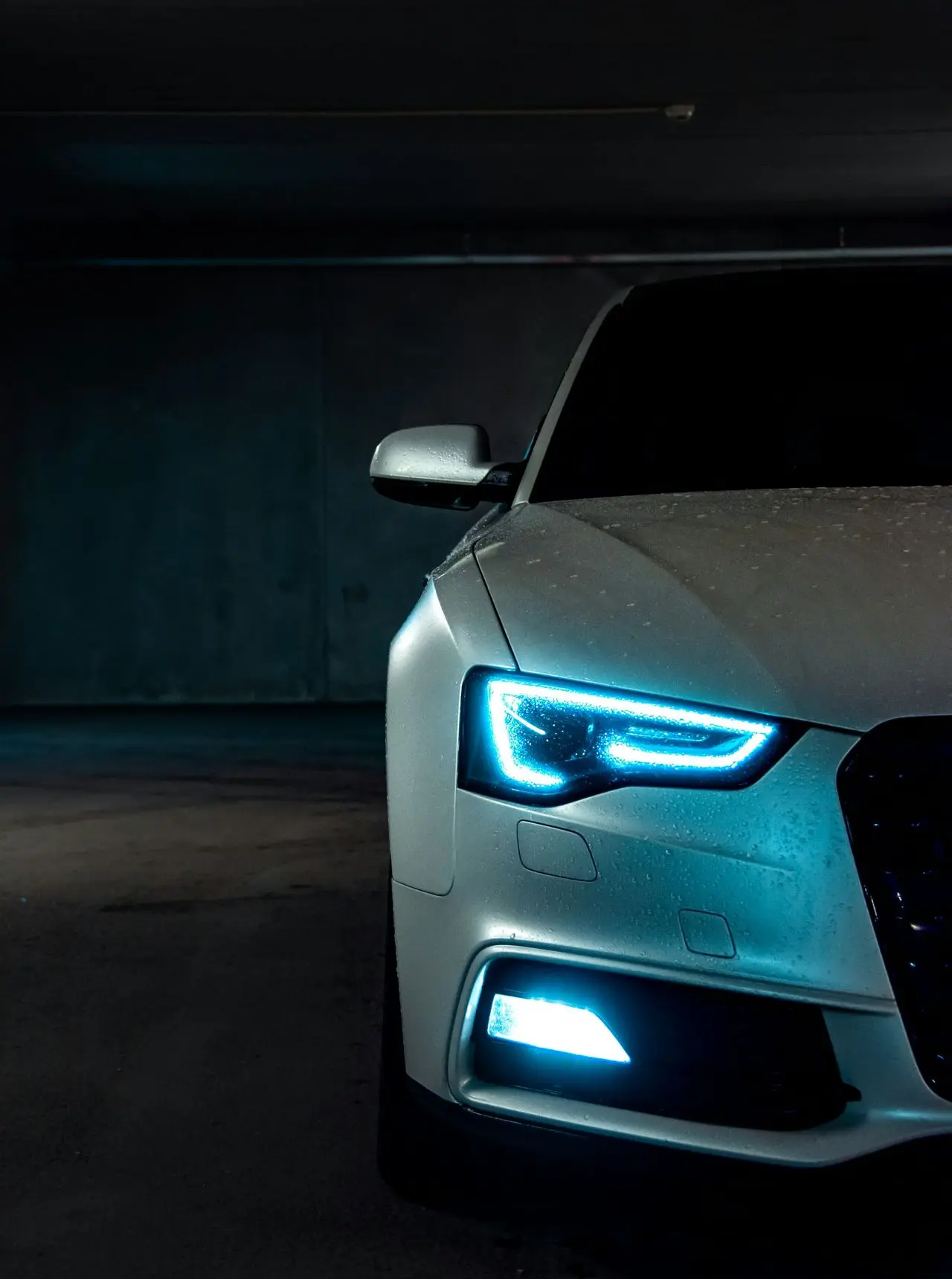 white vehicle with blue neon headlight bulb