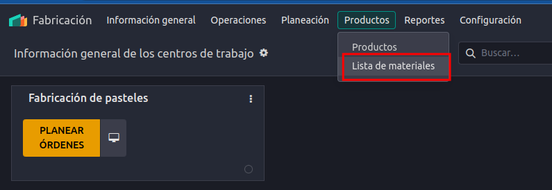 lista de materiales menu