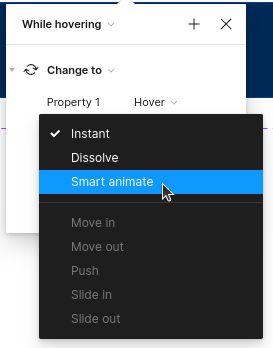 Elegir Smart Animate y ajuste de easing Gentle en Figma